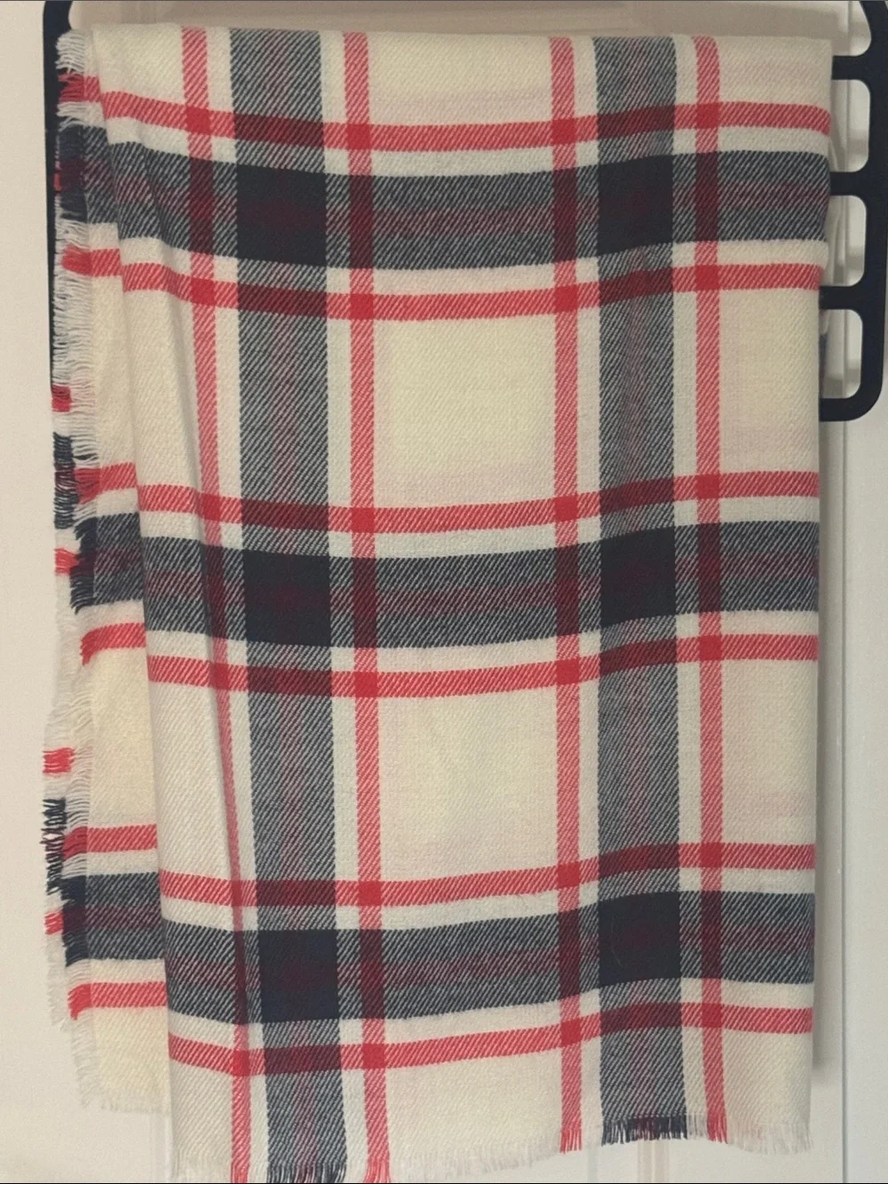 Ann Taylor Cozy Plaid Fringe blanket Scarf - Cream, Red & Navy